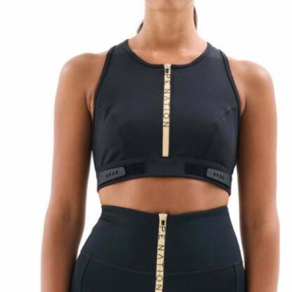 P.E Nation Black & Gold Zip-Front Crop Sports Bra